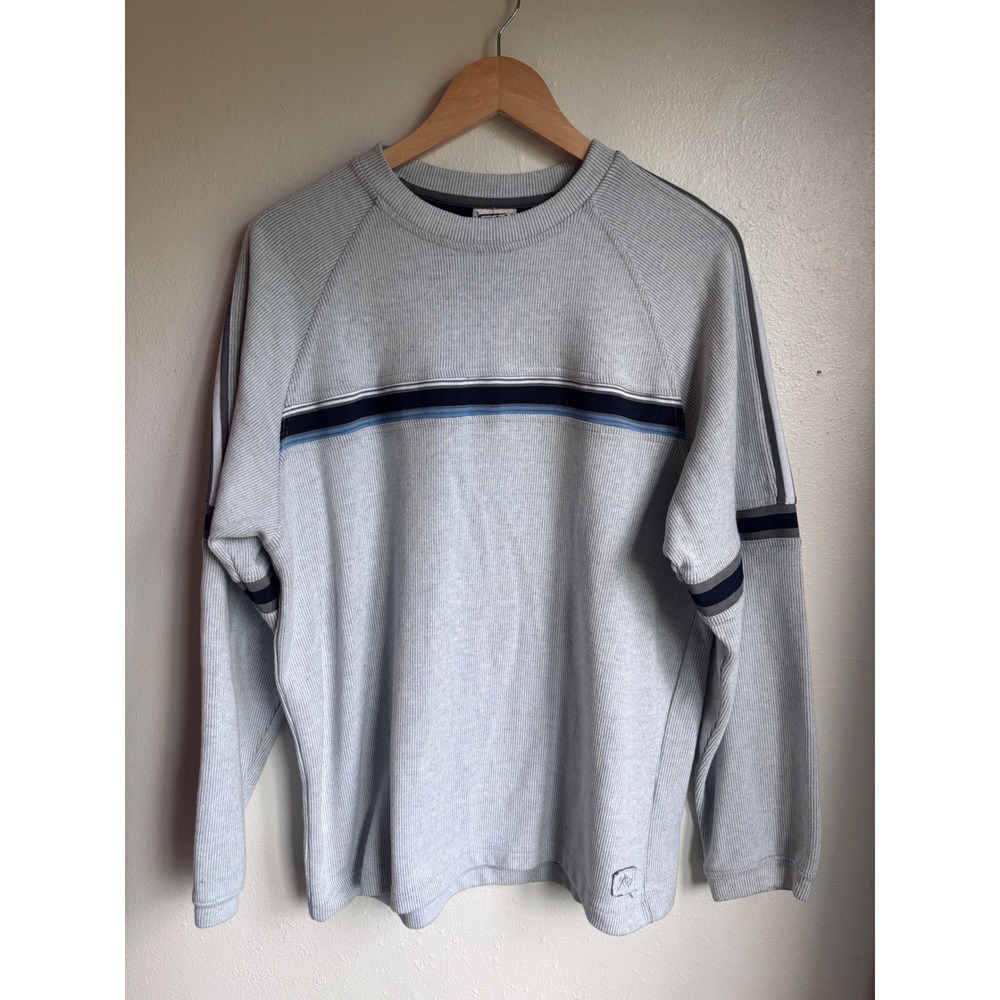 Xtreme Gear Mens Vintage Ribbed Knit Striped Sweater Gray Blue Crew Neck Medium